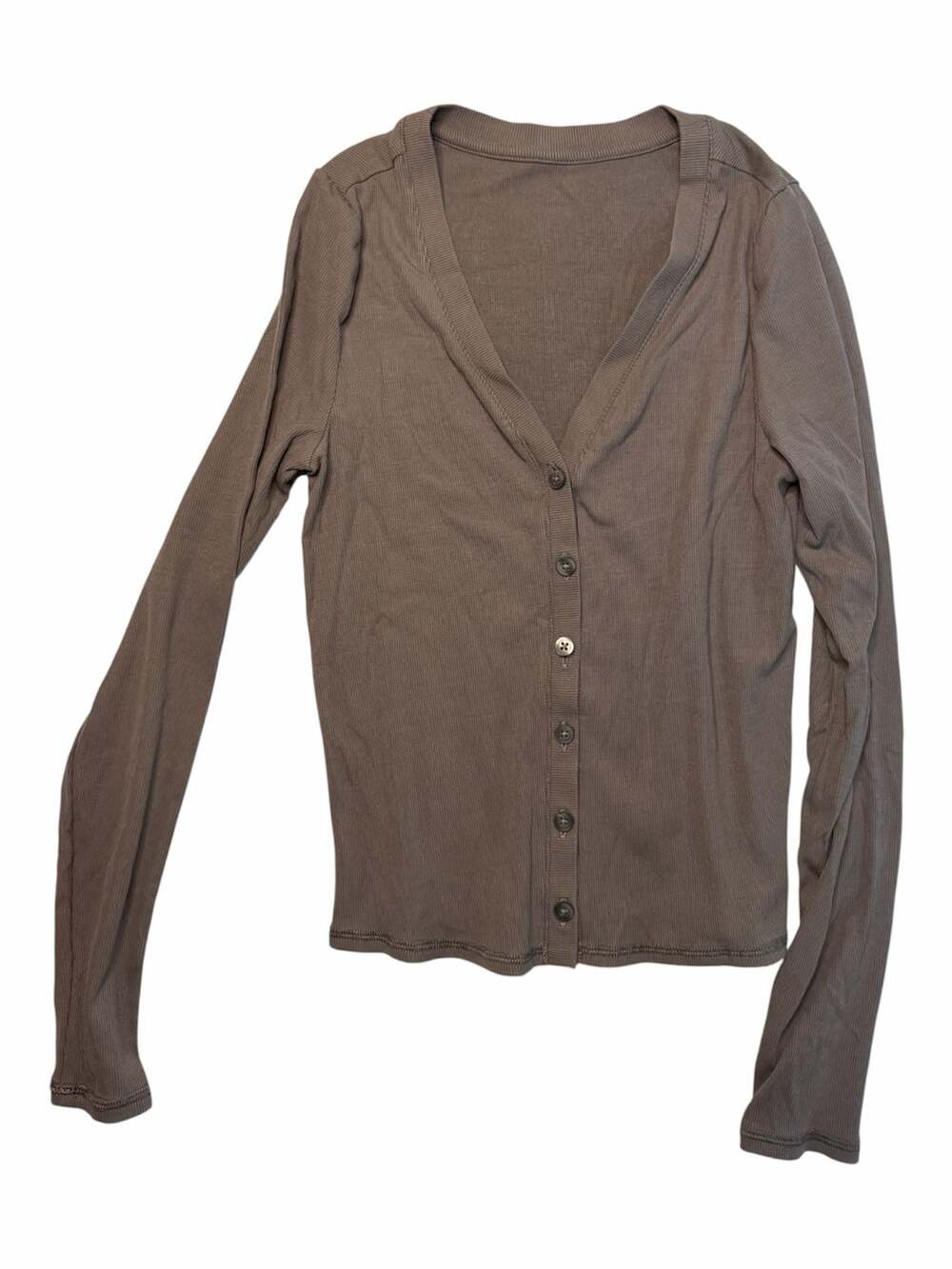 Vuori Ribbed Long Sleeve Button Front Top Cardigan Brown